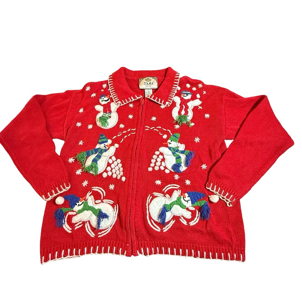 Tiara Cardigan Sweater Women Petite M Red Snowman Embroidered Ugly Christmas VTG